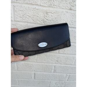Coach Black Canvas/Leather Wallet Flap Closure & Silver Toned Oval Plaque